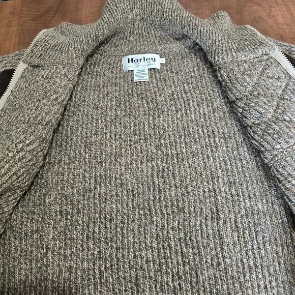 Harley Of Scotland Vintage Mens Full Zip Wool Faux Suede Patch Hunting Sweater L